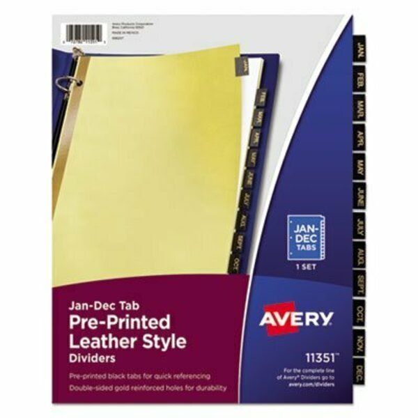 Avery, Preprinted Black Leather Tab Dividers W/gold Reinforced Edge, 12-Tab, Ltr, Avery Dennison, Mfr#: 11351